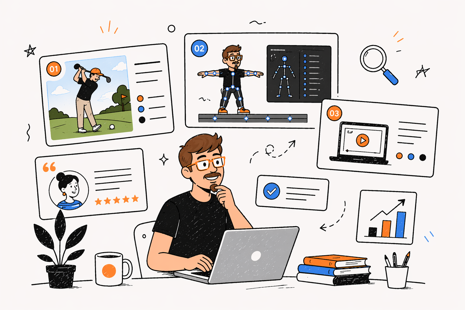 illustration of Daniel Franey working on all his case studies