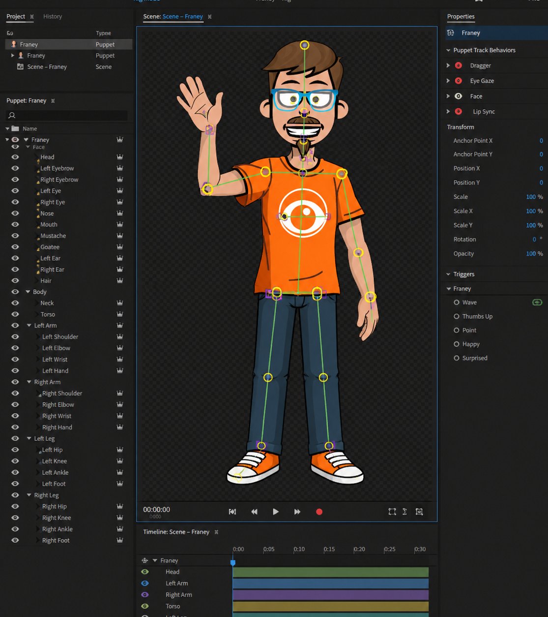 Illustration of Dan Franey avatar being rigged in Adobe Character Animator