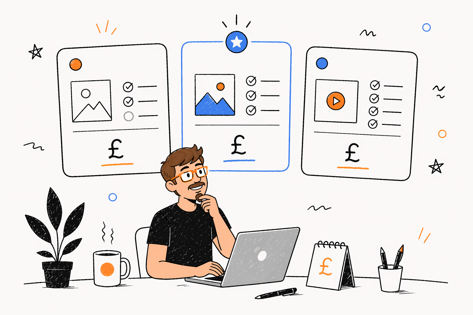 Illustration of Daniel Franey working on creator character pricing and project planning